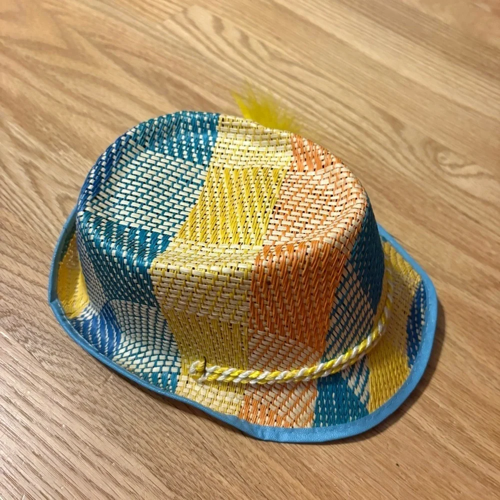 Vintage Kids Fedora W/ Feather Woven Basket Straw Hat Plaid Orange Yellow Blue
